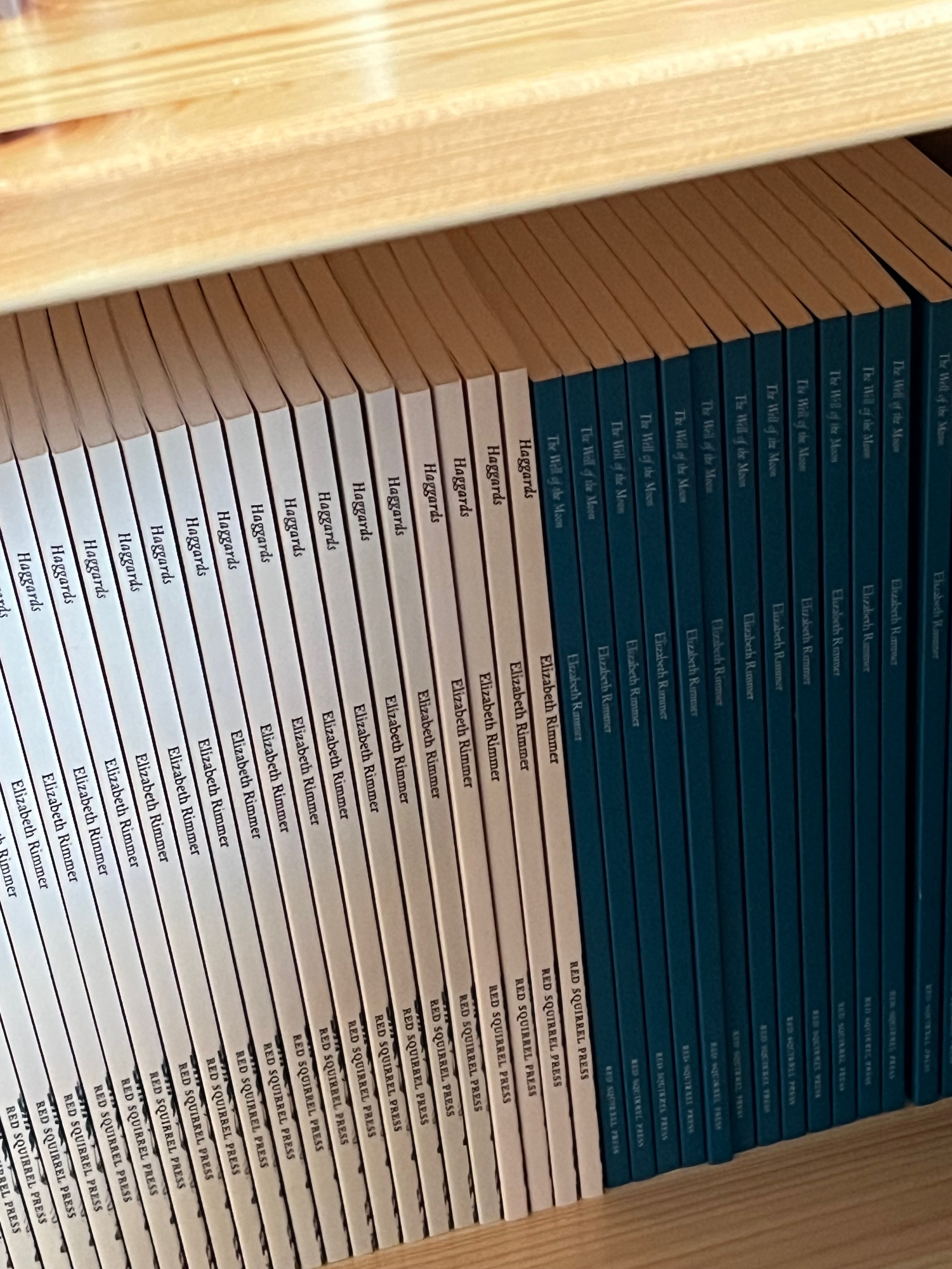 a bookshelf with many copies of my books Haggards and The Well of the Moon