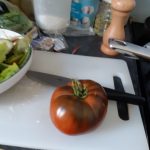 whole tomato, its skin splashed with black