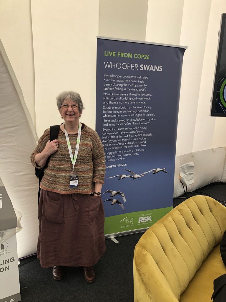 Picture of me, in front of a banner with my poem Whooper Swans and images of five whooper swans against a blue sky