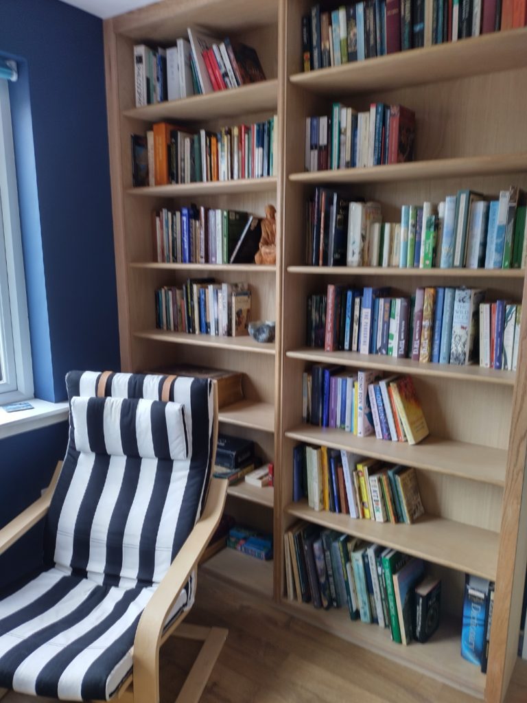 library shelves full of books. A striped chair in front