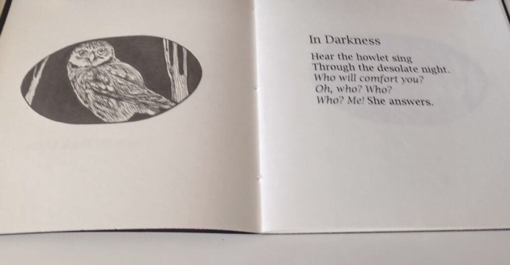 left page Hugh Bryden's picture of an owl, right page poem In Darkness
here the howlet sing/through the desolate night./Who will comfort you?/Oh, who?who?/ Who? Me! She answers
